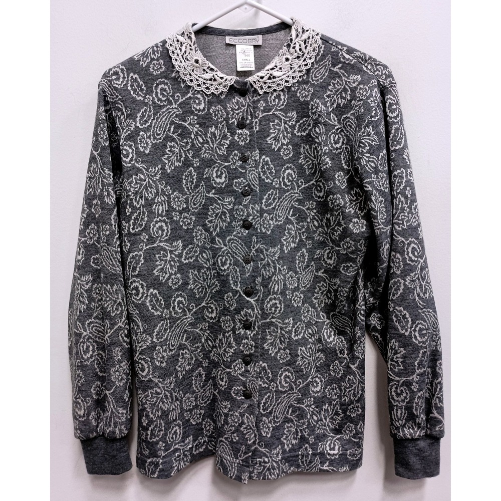 VTG Eccobay Cardigan Sweater Womens Small Gray Floral Lace Collar Button Up